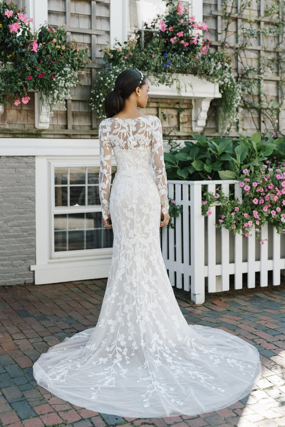 Long Sleeve Floral Sheath Wedding Dress With Overskirt by Anne Barge — image 2 of 4