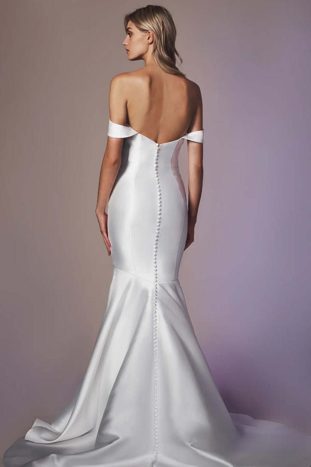 Sleek And Sophisticated Off-The-Shoulder Silk Fit-And-Flare Wedding Dress With Buttons by Anne Barge — image 3 of 3