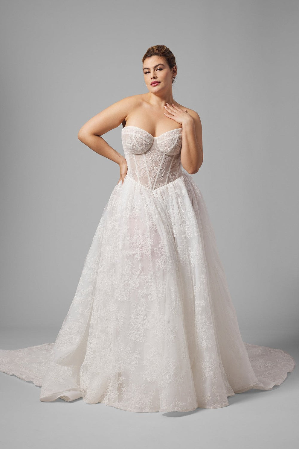 Plus-Size Basque-Waist Lace A-Line Wedding Dress With Detachable Bodysuit | Kleinfeld Bridal Plus-Size Basque-Waist Lace A-Line Wedding Dress With Detachable Bodysuit | Kleinfeld Bridal