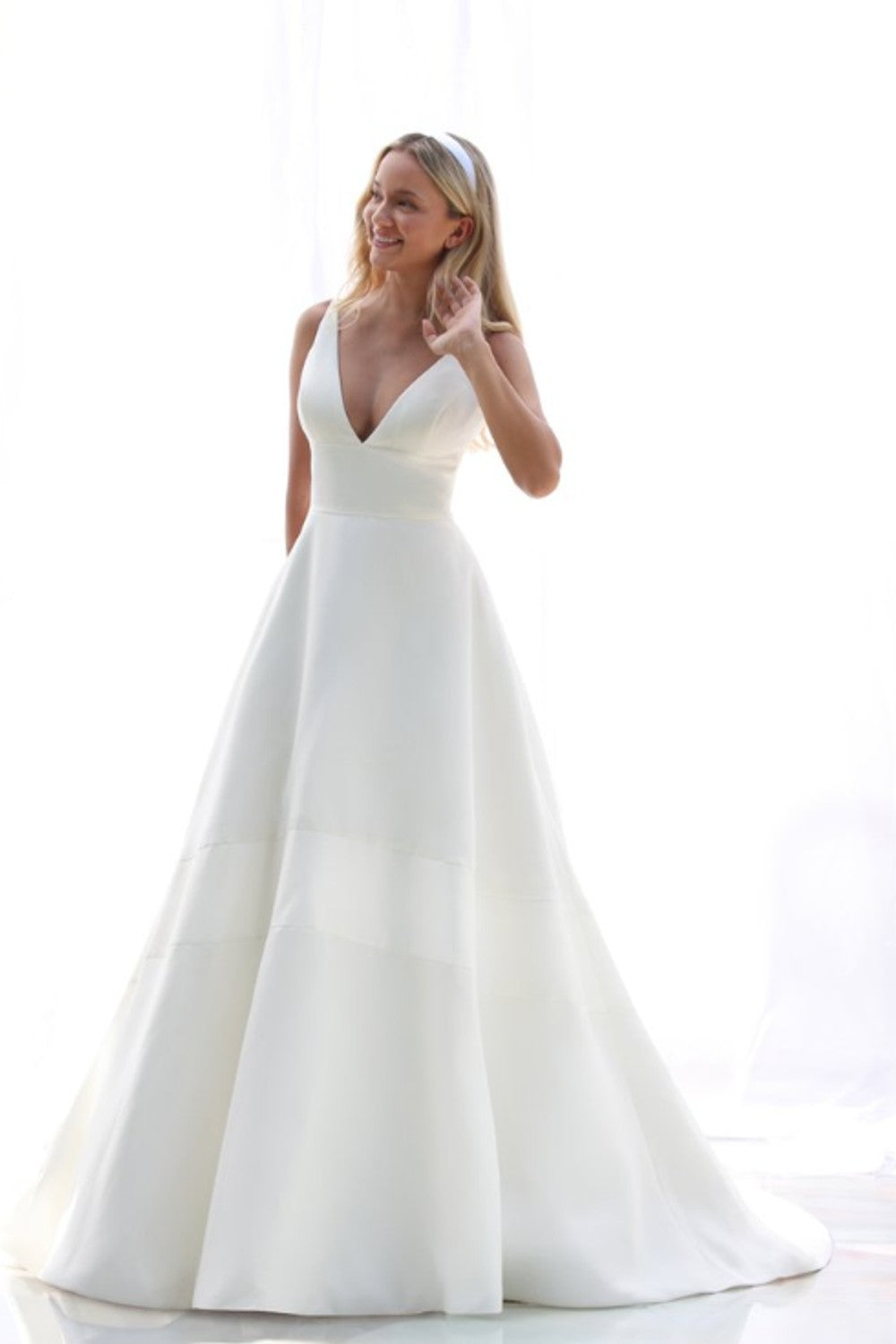 Simple Satin V-Neck A-Line Wedding Dress With Buttons by Augusta Jones — image 1 of 2