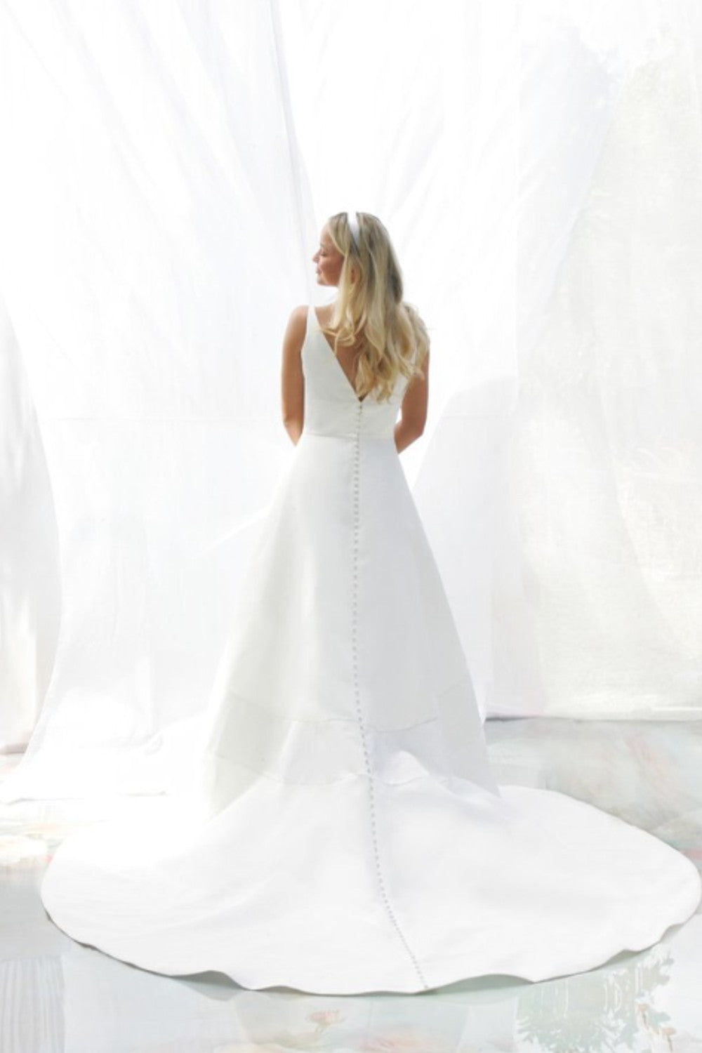 Simple Satin V-Neck A-Line Wedding Dress With Buttons by Augusta Jones — image 2 of 2