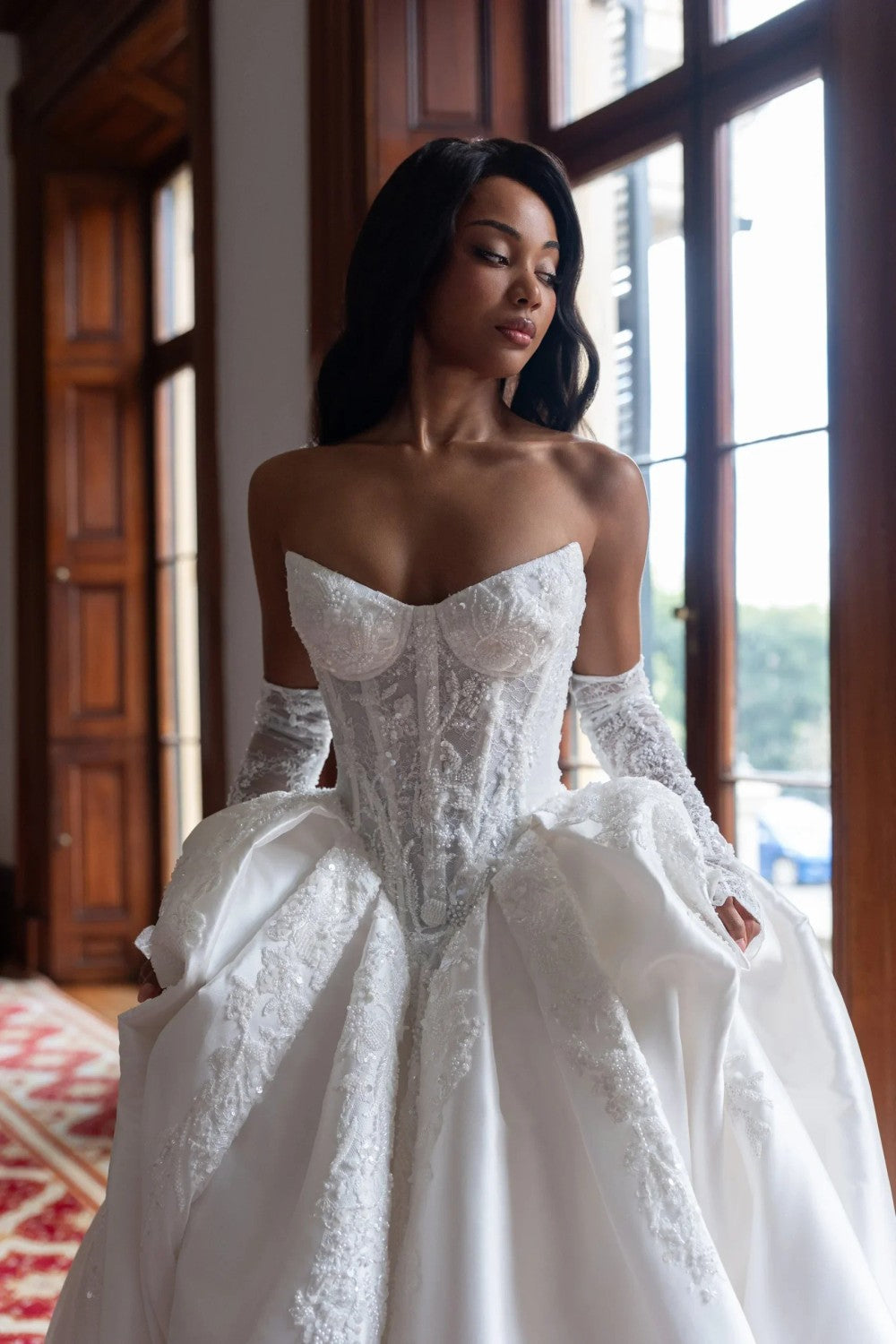 Beaded Mikado Ball Gown With Open Basque Waist