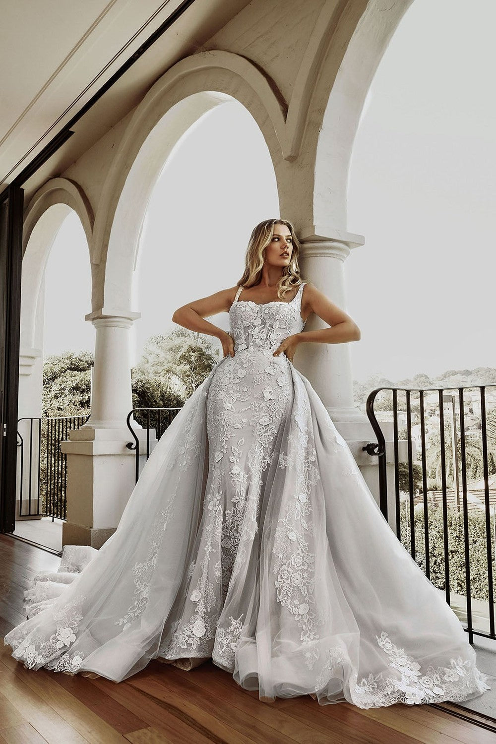 Embellished Square-Neck Fit-and-Flare Wedding Dress With Overskirt by Blanche Bridal — image 4 of 4