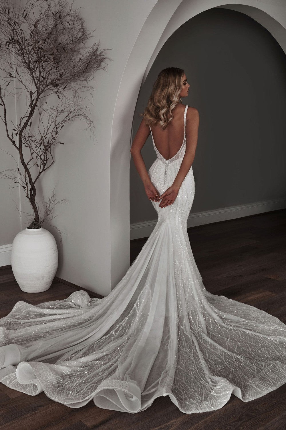 Embellished V-Neck Fit-and-Flare Wedding Dress With Open Back by Blanche Bridal — image 2 of 4