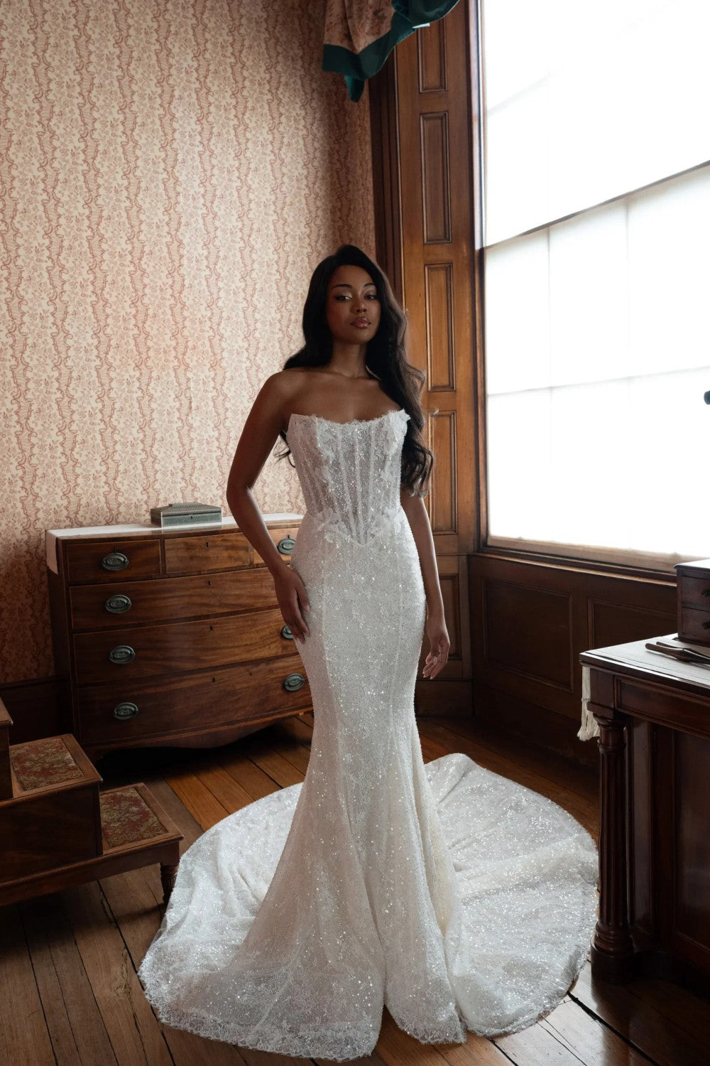 Modern Shimmering Fit‑to‑Flare Gown With Floral Appliqués by Blanche Bridal — image 2 of 4