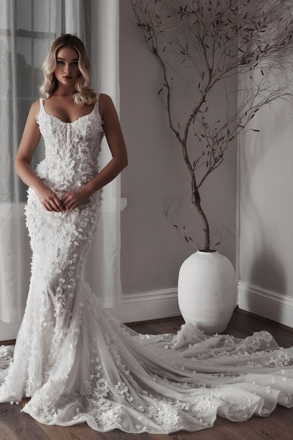 Plus-Size 3D Floral Fit-and-Flare Wedding Dress With Open Back by Blanche Bridal — image 1 of 4