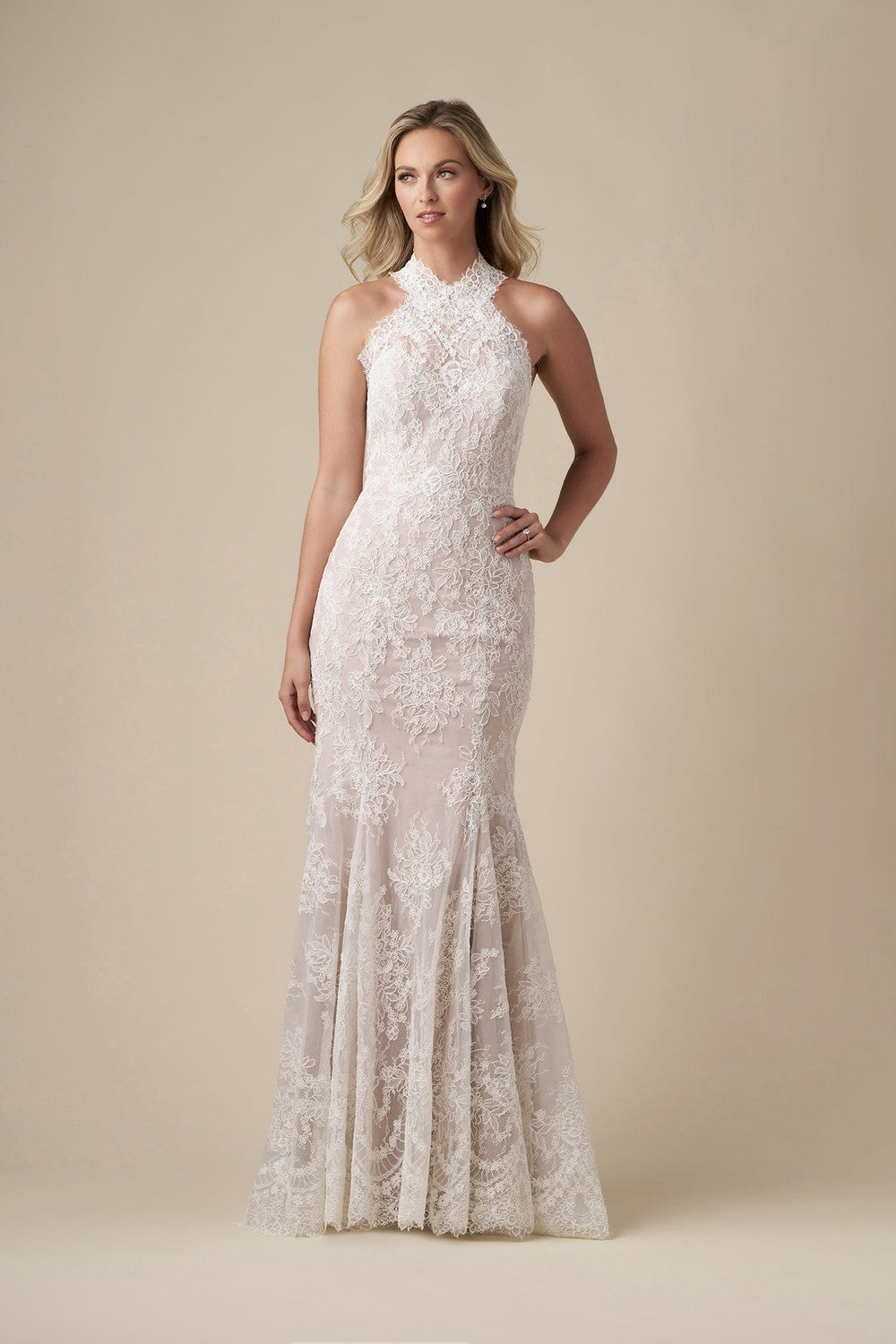 Chic Halter-Neck Fit-And-Flare Wedding Dress With Open Back And Buttons by Danielle Caprese — image 1 of 2
