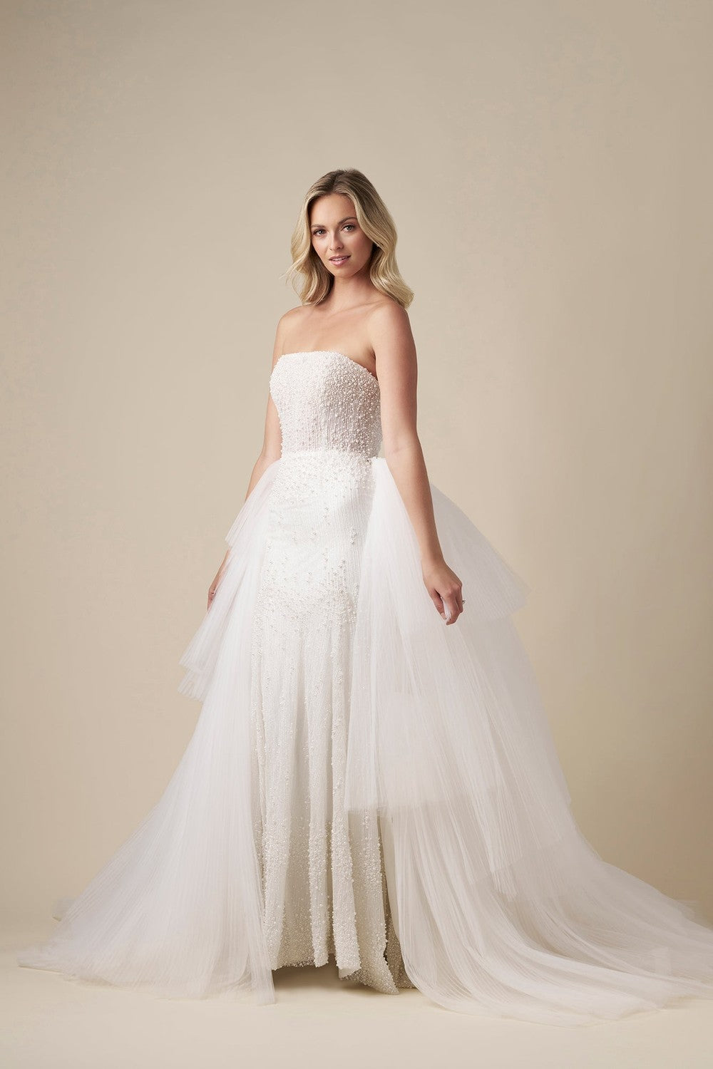 Chic Pearl-Adorned Sheath Wedding Dress With Tulle Overskirt by Danielle Caprese — image 1 of 4