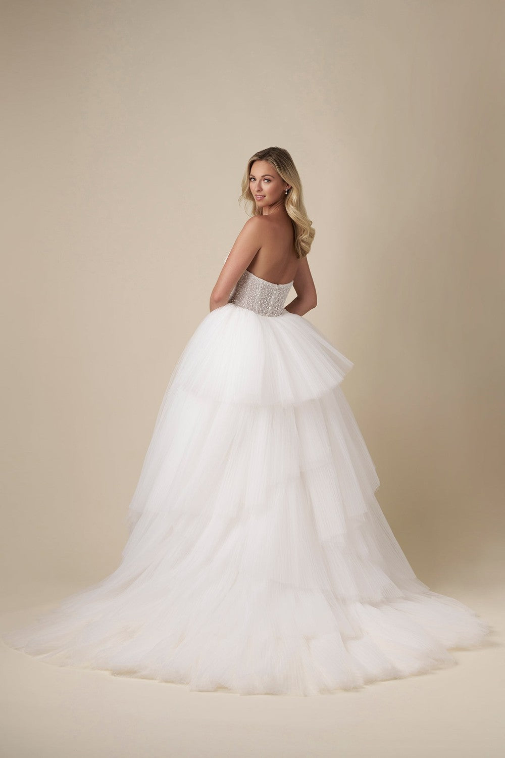 Chic Pearl-Adorned Sheath Wedding Dress With Tulle Overskirt by Danielle Caprese — image 2 of 4