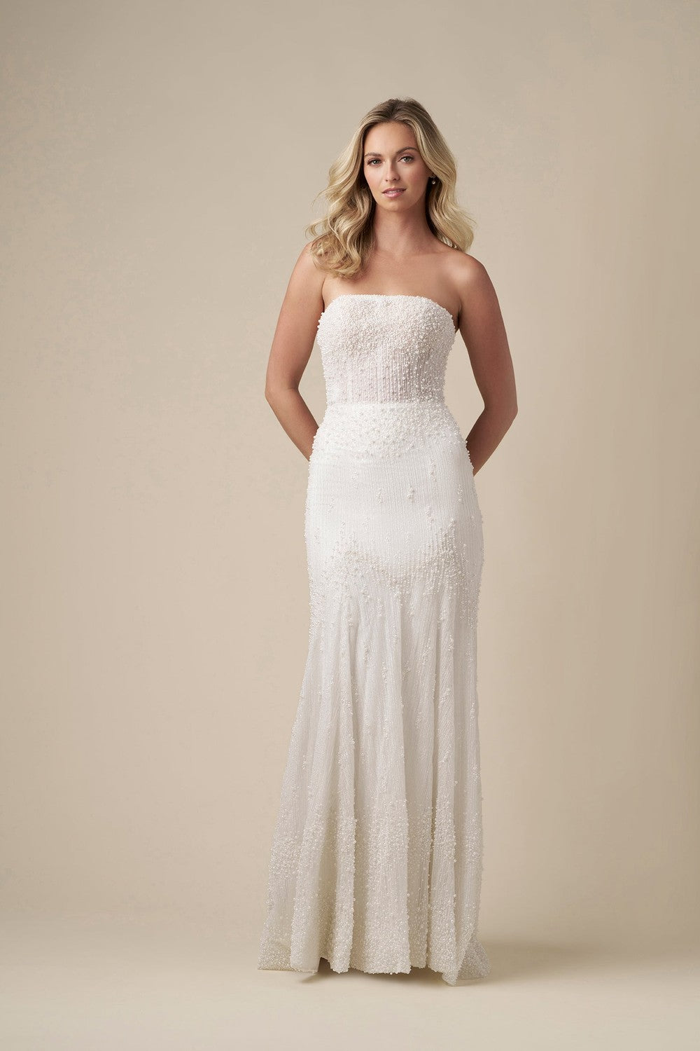 Chic Pearl-Adorned Sheath Wedding Dress With Tulle Overskirt by Danielle Caprese — image 3 of 4