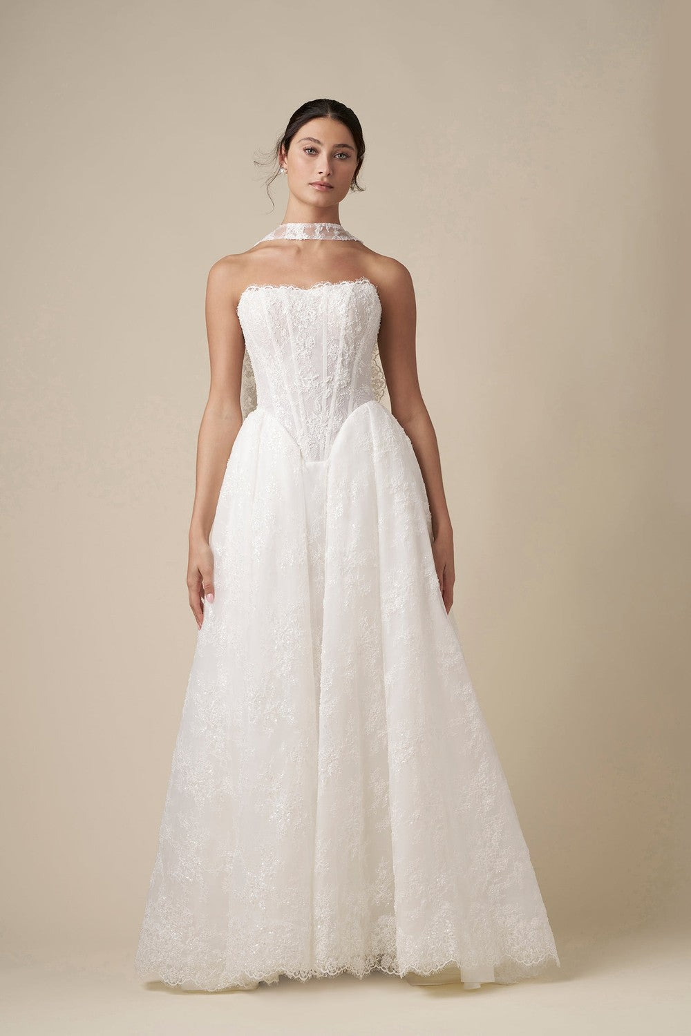 Embellished Lace Basque-Waist Ball Gown With Neck Scarf by Danielle Caprese — image 1 of 4