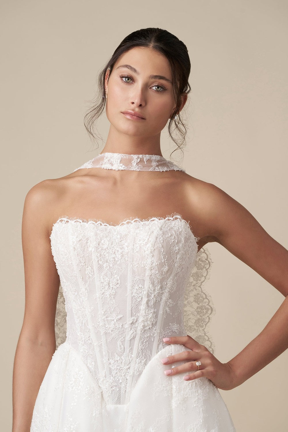 Embellished Lace Basque-Waist Ball Gown With Neck Scarf by Danielle Caprese — image 2 of 4
