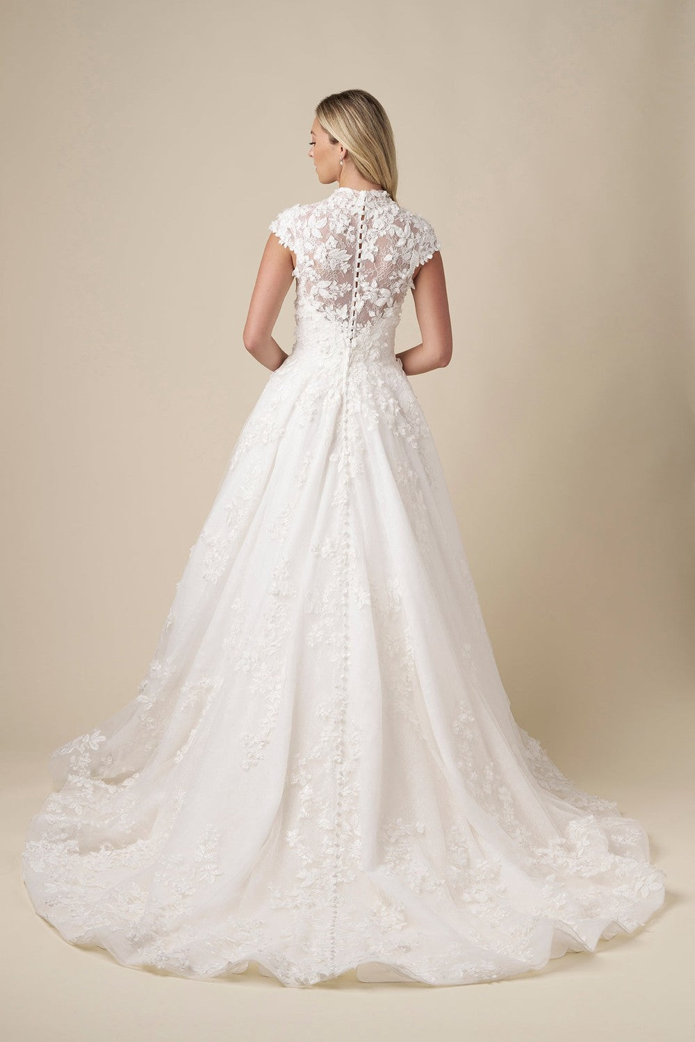 High-Neck Cap Sleeve Floral A-Line Wedding Dress With Buttons