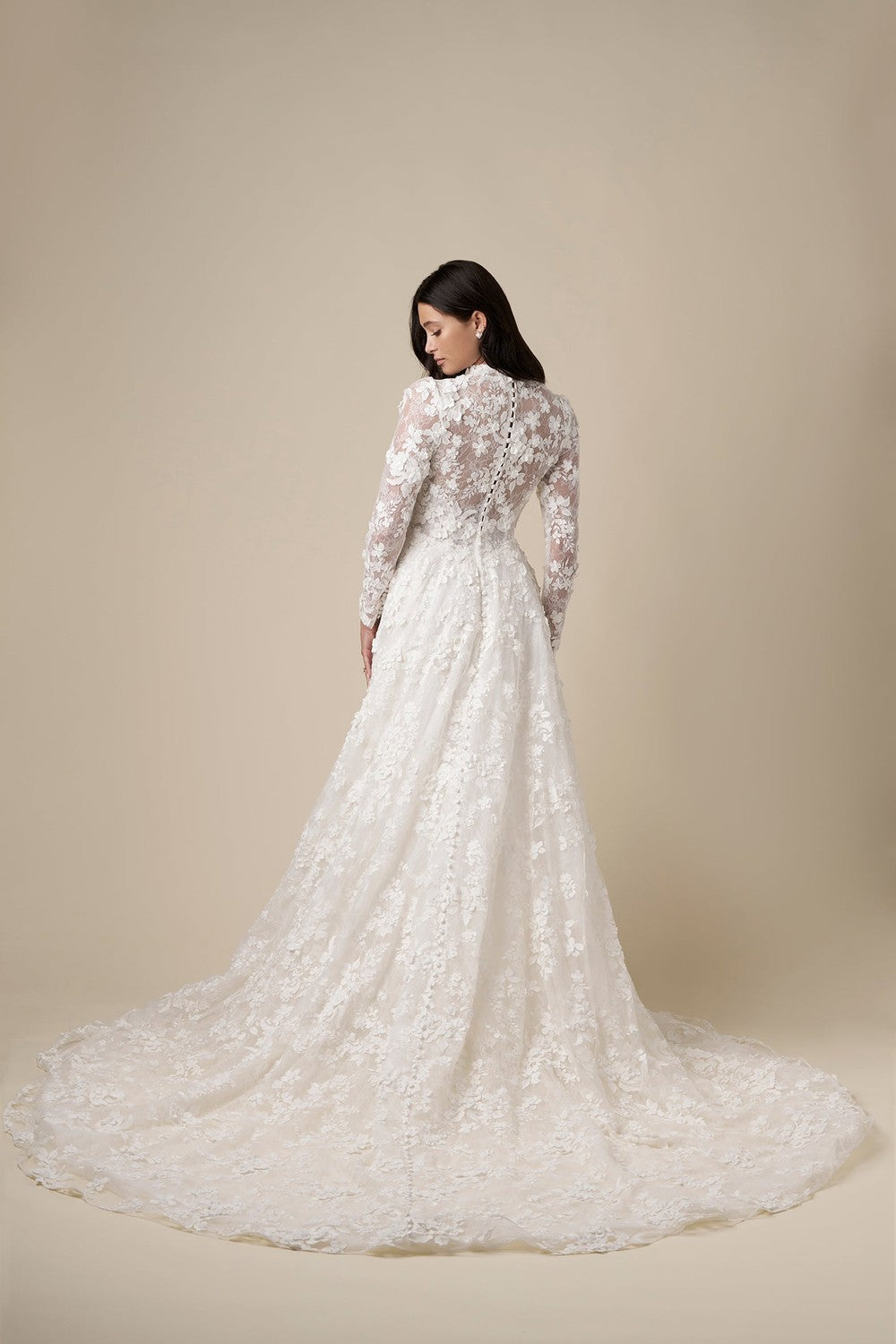 High-Neck Long Sleeve Lace A-Line Wedding Dress With Buttons | Kleinfeld  Bridal