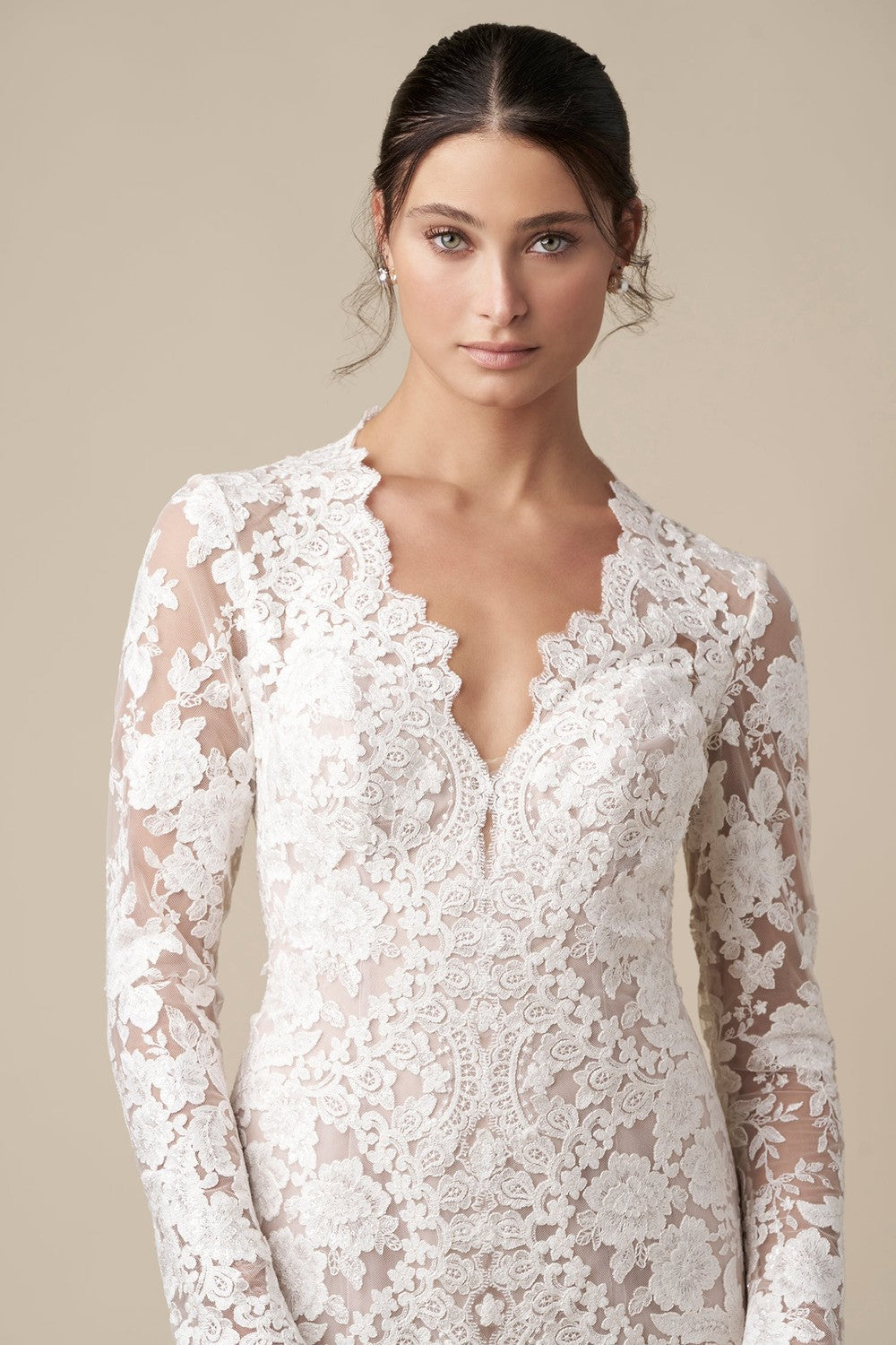 Long Sleeve Lace Sheath Wedding Dress With Open Back And Slit by Danielle Caprese — image 2 of 3