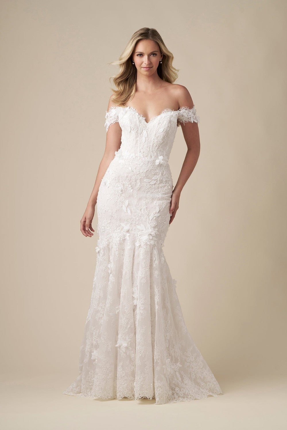 Off-The-Shoulder Floral Fit-And-Flare Wedding Dress With Buttons by Danielle Caprese — image 1 of 3