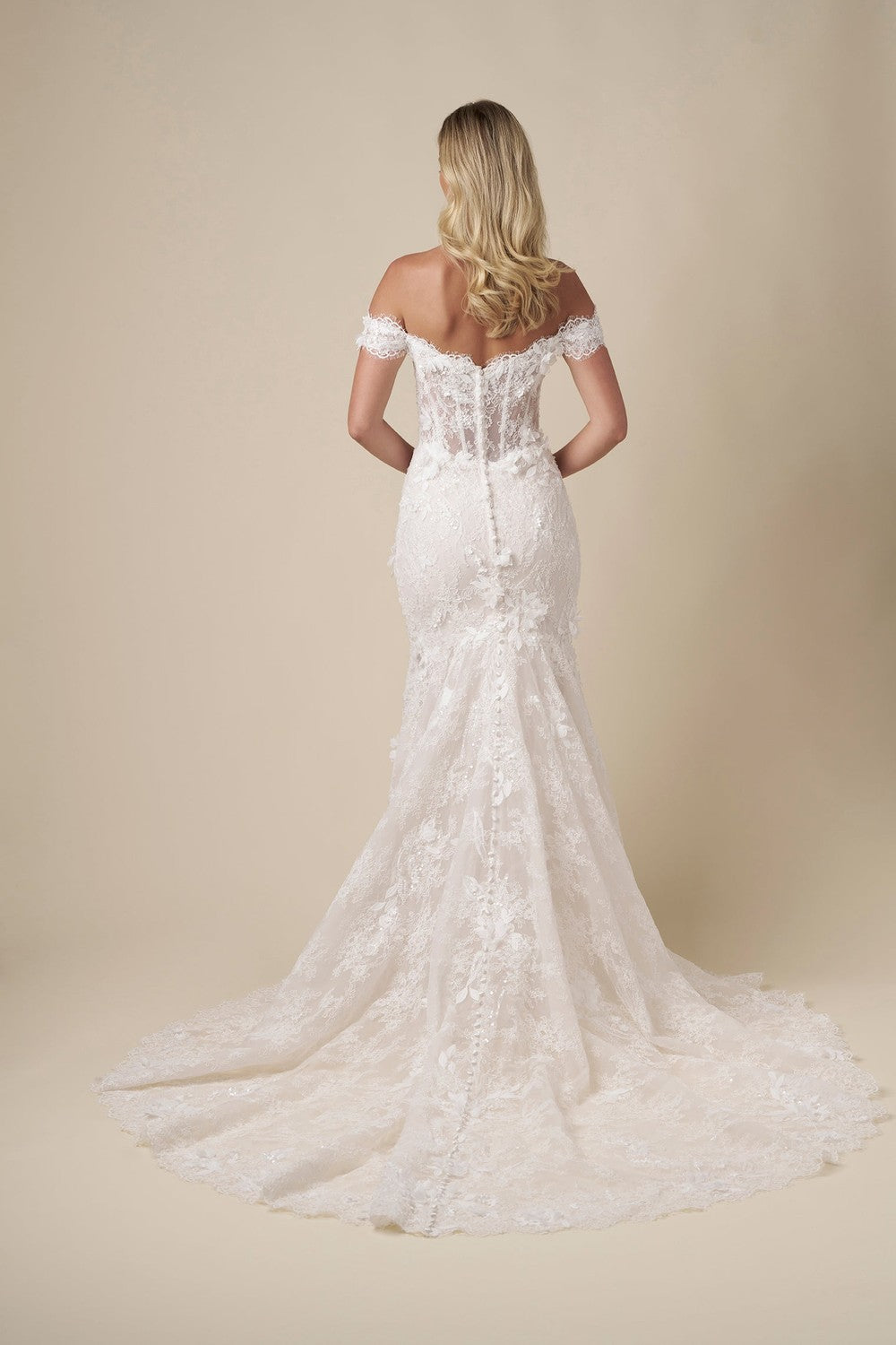 Off-The-Shoulder Floral Fit-And-Flare Wedding Dress With Buttons |  Kleinfeld Bridal