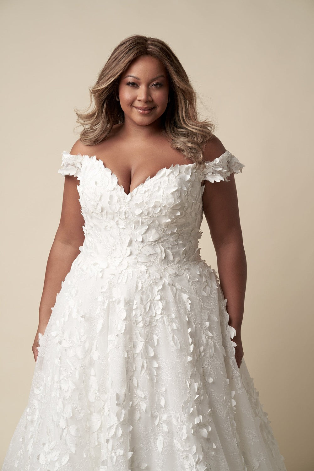 Plus-Size Modern Off-The-Shoulder Floral Ball Gown With Buttons by Danielle Caprese — image 2 of 3