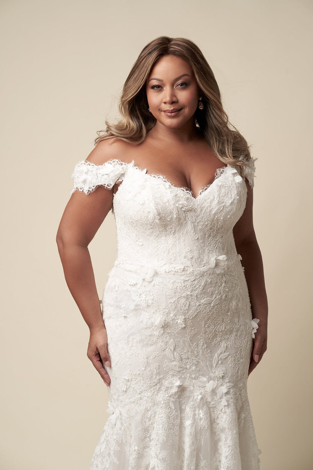 Plus-Size Off-The-Shoulder Floral Fit-And-Flare Wedding Dress With