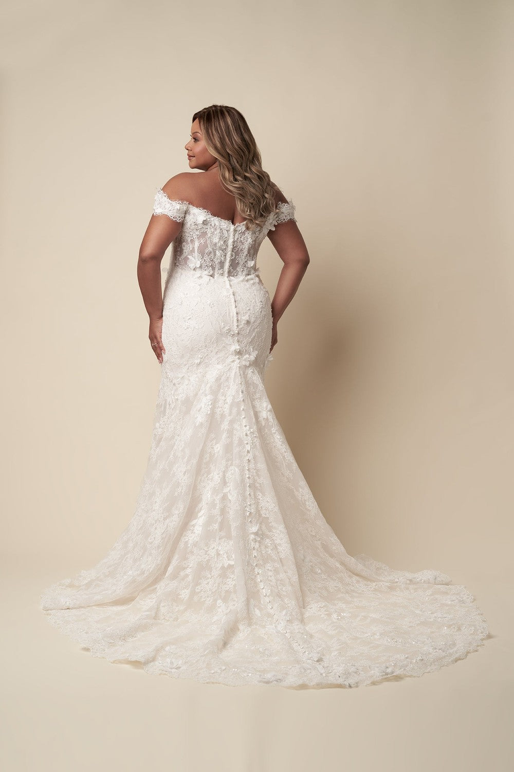 Plus-Size Off-The-Shoulder Floral Fit-And-Flare Wedding Dress With Buttons  | Kleinfeld Bridal