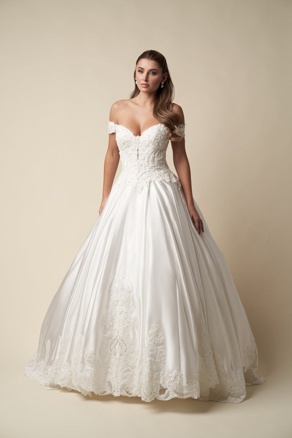 Regal Off-The-Shoulder Embellished Satin Ball Gown With Buttons by Danielle Caprese — image 1 of 4
