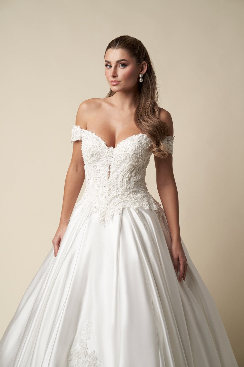 Regal Off-The-Shoulder Embellished Satin Ball Gown With Buttons by Danielle Caprese — image 2 of 4