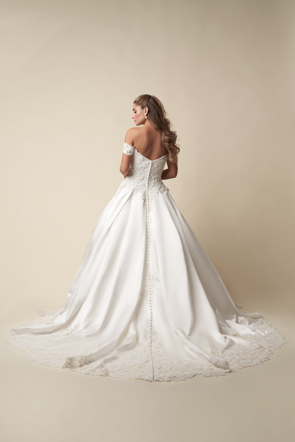 Regal Off-The-Shoulder Embellished Satin Ball Gown With Buttons by Danielle Caprese — image 3 of 4