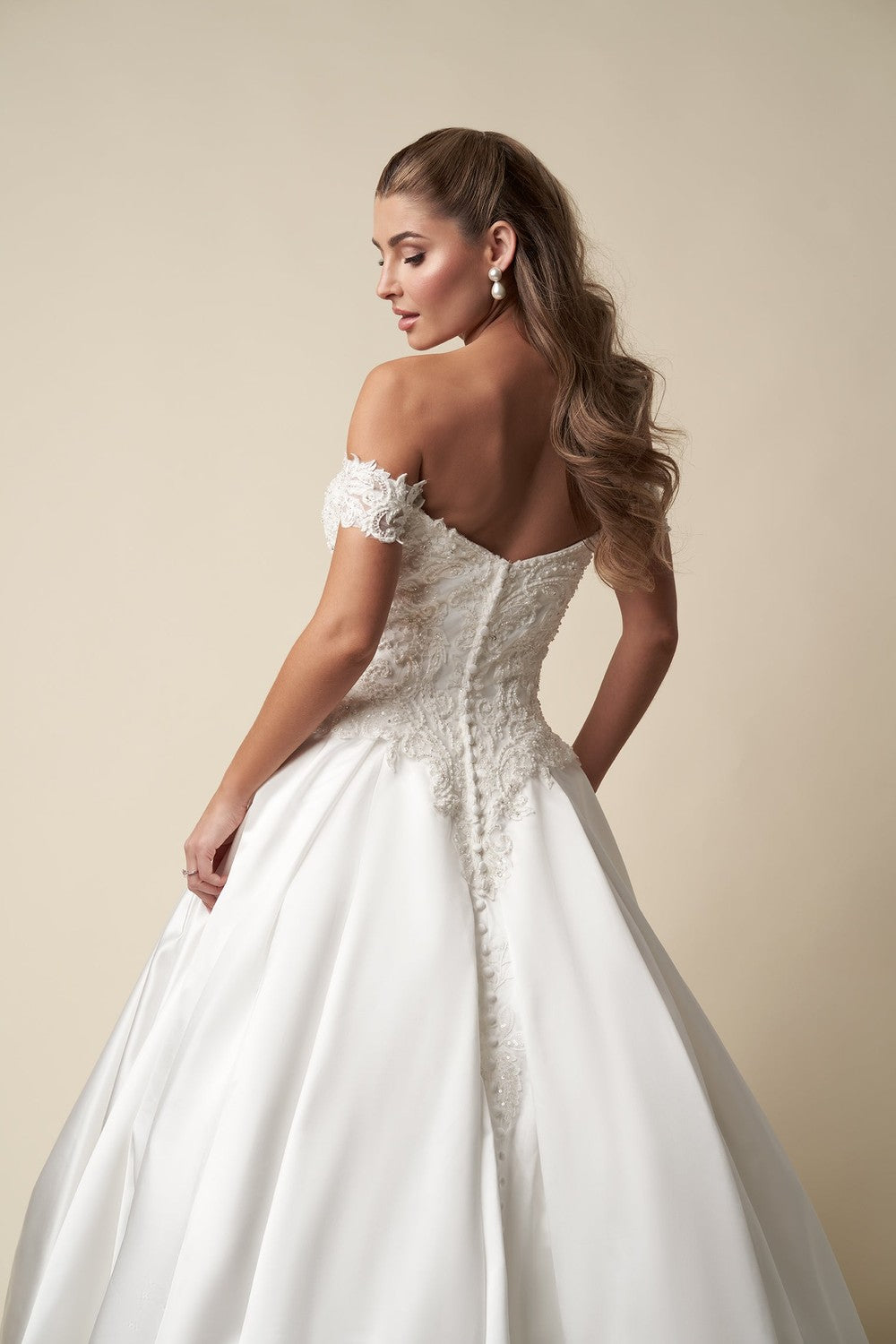 Regal Off-The-Shoulder Embellished Satin Ball Gown With Buttons by Danielle Caprese — image 4 of 4