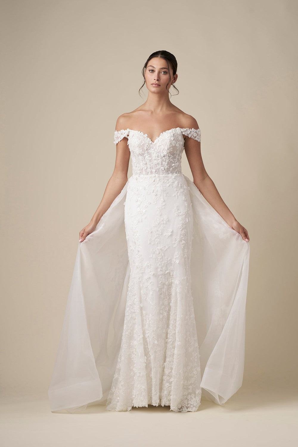 Romantic Off-The-Shoulder Floral Sheath Wedding Dress With Detachable Overskirt by Danielle Caprese — image 4 of 6