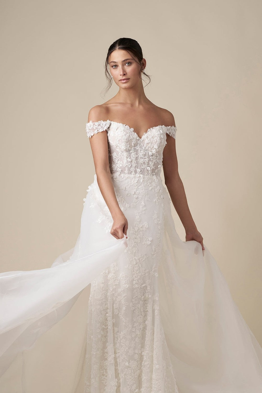 Romantic Off-The-Shoulder Floral Sheath Wedding Dress With Detachable Overskirt by Danielle Caprese — image 5 of 6