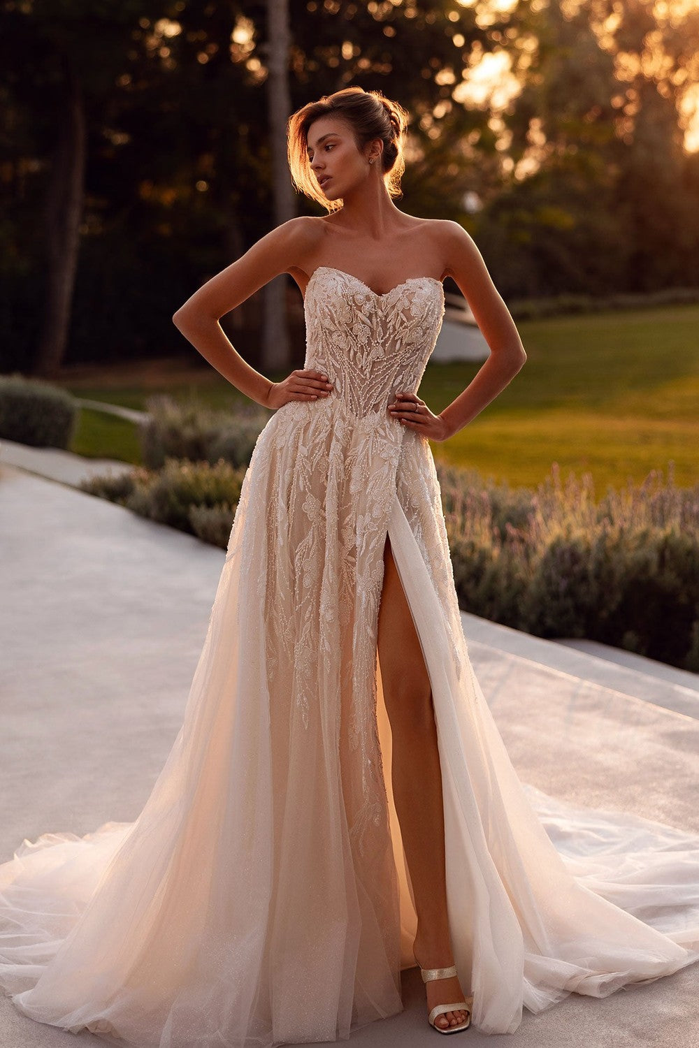 Beaded Lace Strapless A-Line Gown With High Slit by Demetrios — image 1 of 3