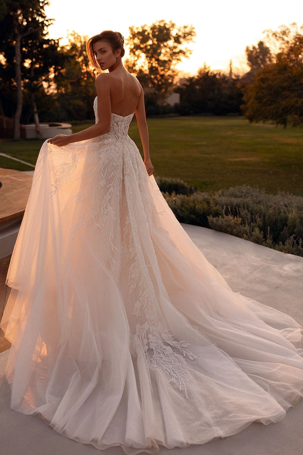 Beaded Lace Strapless A-Line Gown With High Slit | Kleinfeld Bridal Beaded Lace Strapless A-Line Gown With High Slit | Kleinfeld Bridal