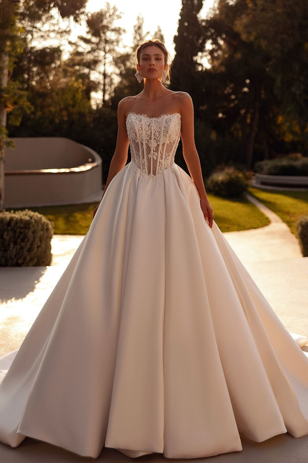 Corseted Lace A‑Line Gown With Mikado Skirt by Demetrios — image 1 of 3