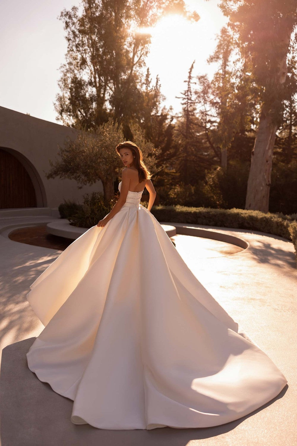 Dramatic Silk Ball Gown With Slit And Puff Sleeves by Demetrios — image 2 of 2