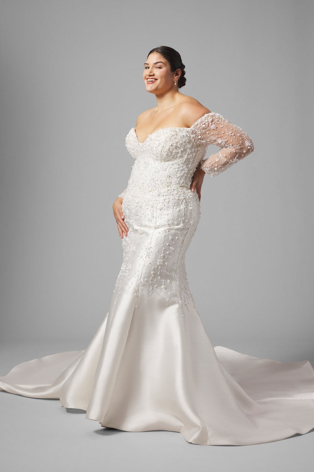 Plus-Size Off-The-Shoulder Long Sleeve Fit-And-Flare Wedding Dress by Demetrios — image 2 of 4