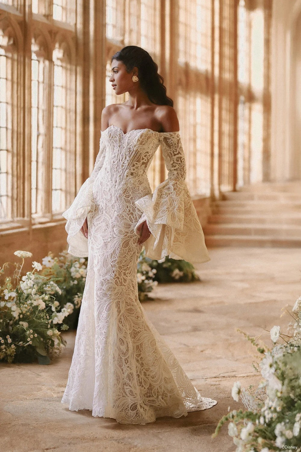 Shimmering Lace Sheath Wedding Dress With Off-The-Shoulder Sleeves by Disney Fairy Tale Weddings Collection — image 2 of 4