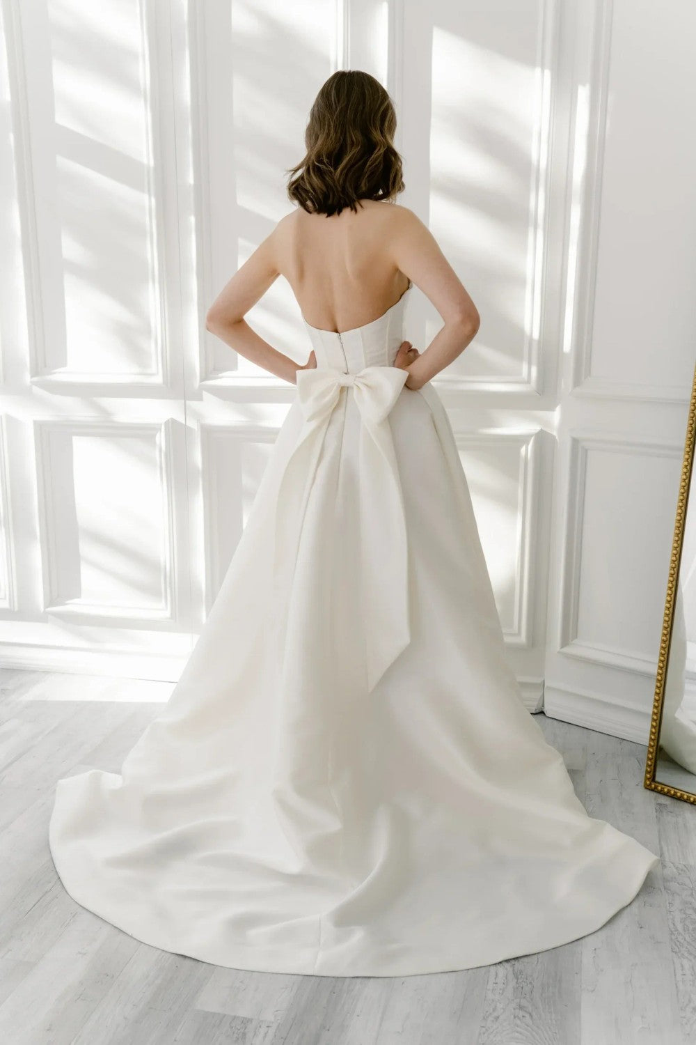 Chic And Modern Silk A-Line Wedding Dress With Slit And Bow by Enaura Bridal — image 5 of 5