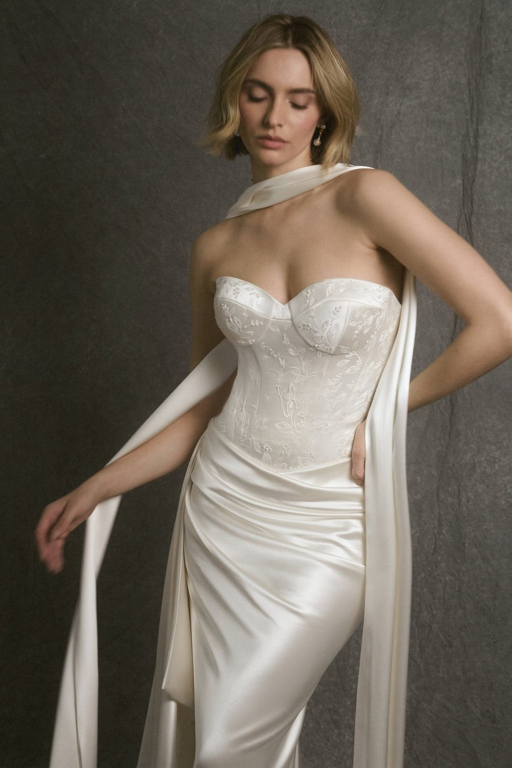 Chic And Sculptural Embroidered Sheath Wedding Dress With Neck Scarf by Enaura Bridal — image 2 of 4