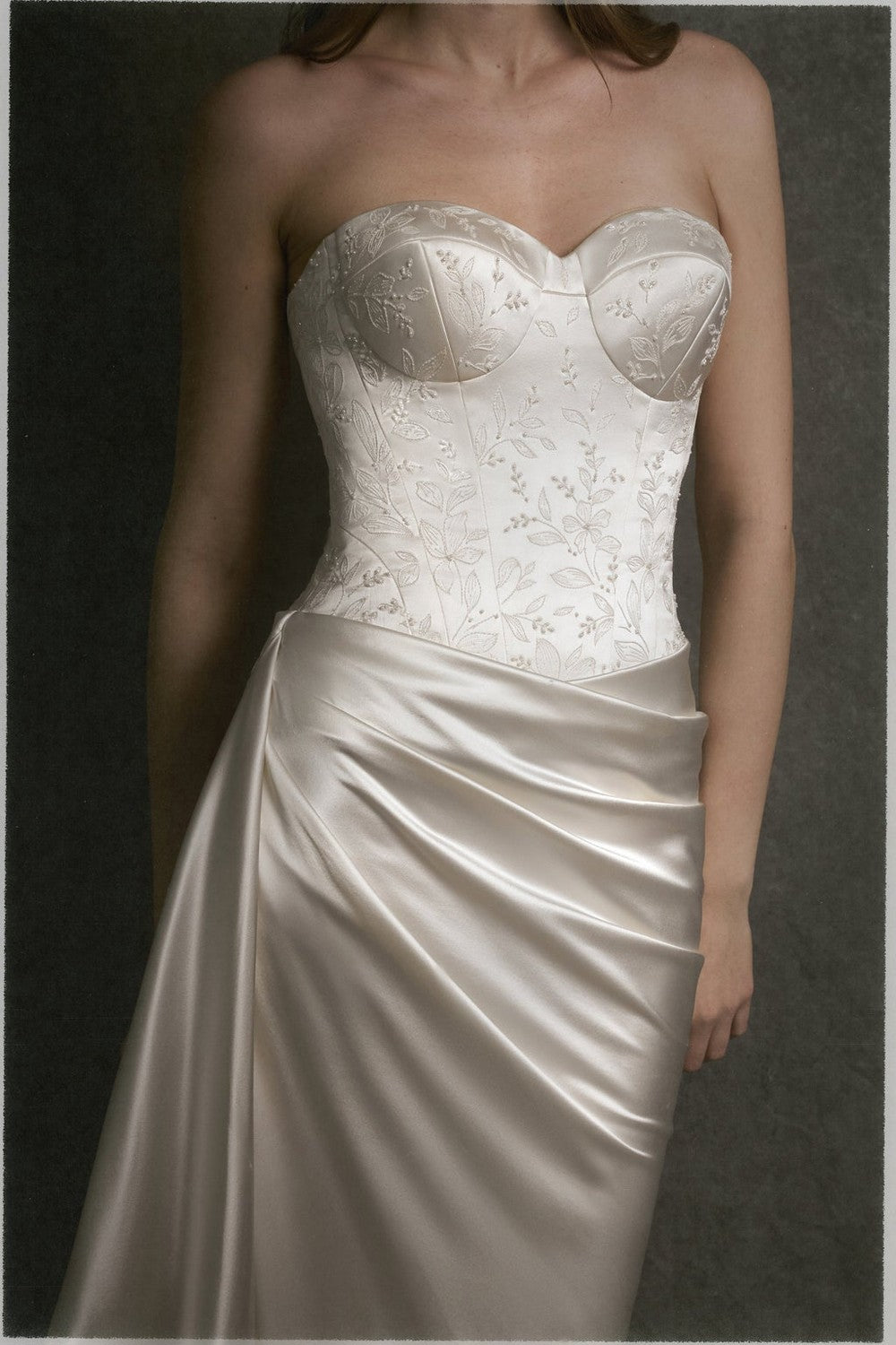 Chic And Sculptural Embroidered Sheath Wedding Dress With Neck Scarf by Enaura Bridal — image 3 of 4