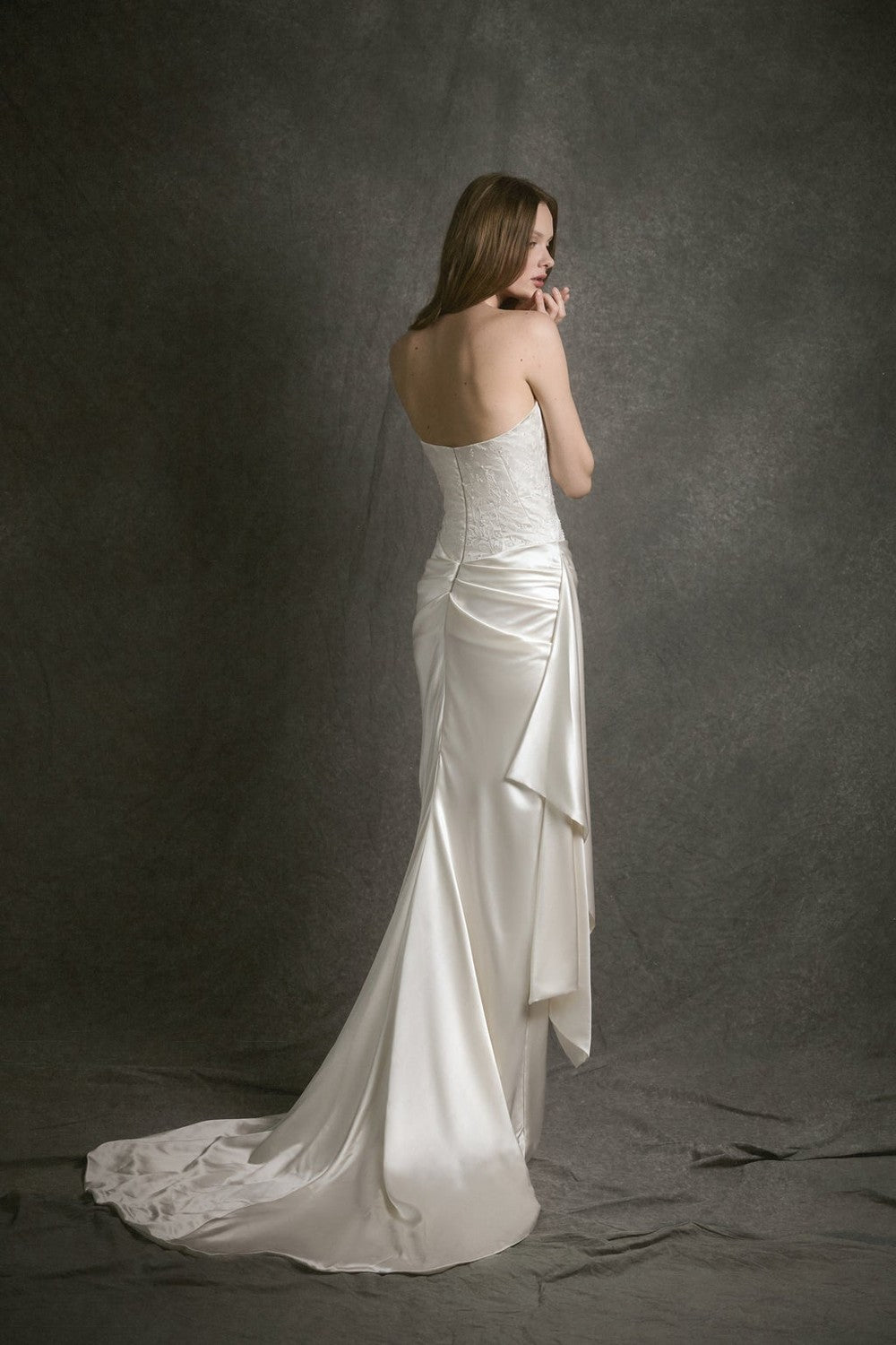 Chic And Sculptural Embroidered Sheath Wedding Dress With Neck Scarf |  Kleinfeld Bridal