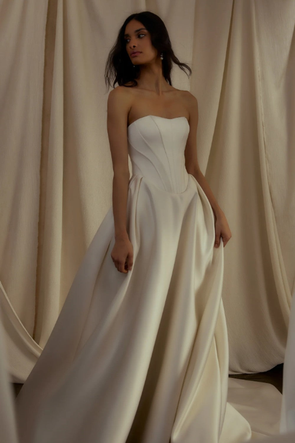 Elegant Satin Ball Gown With Hand-Embroidered Detachable Topper by Enaura Bridal — image 1 of 3