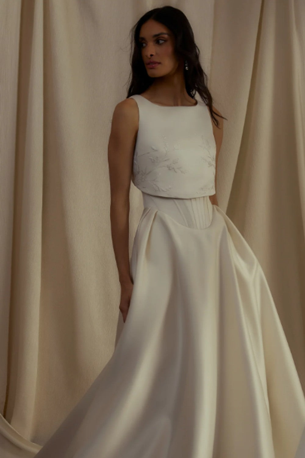 Elegant Satin Ball Gown With Hand-Embroidered Detachable Topper by Enaura Bridal — image 2 of 3