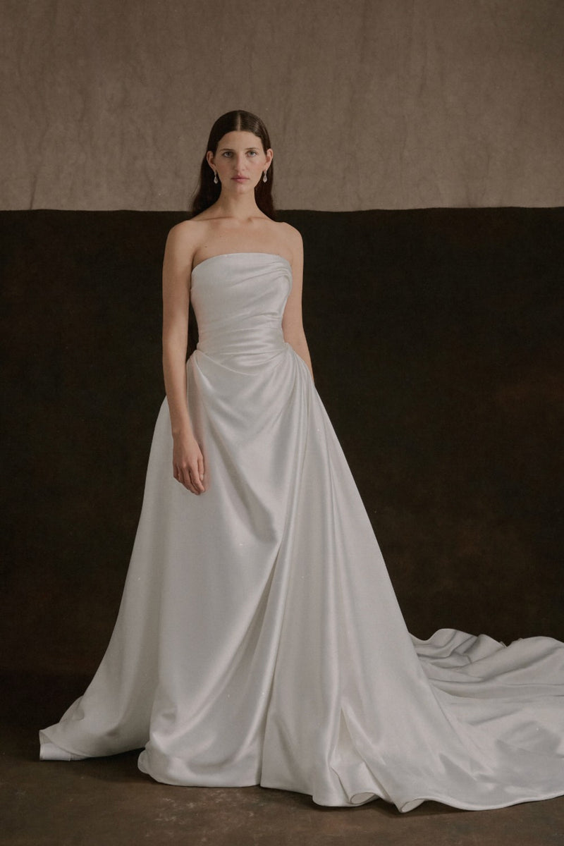 Strapless Satin ALine Wedding Dress With Flowing Train | Kleinfeld Bridal Strapless Satin ALine Wedding Dress With Flowing Train | Kleinfeld Bridal