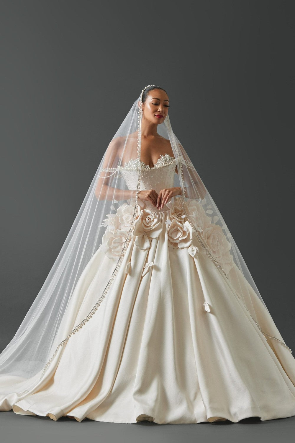 Couture Off-The-Shoulder Embellished Silk Ball Gown With 3D Rosettes by Esé Azénabor — image 1 of 2