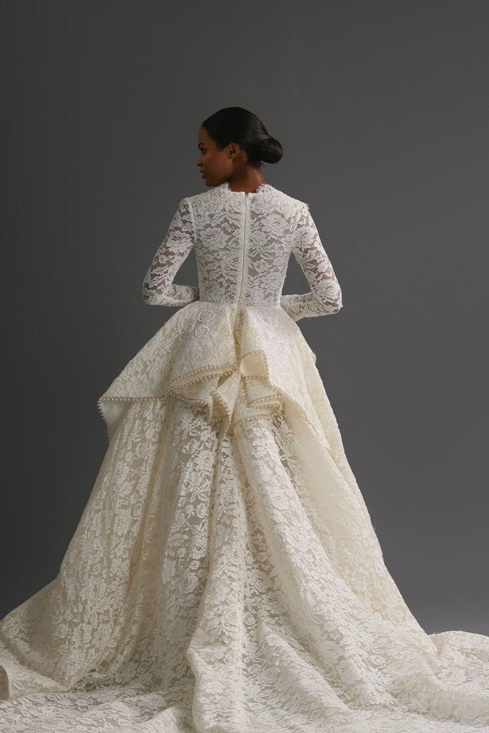 Regal And Dramatic Long Sleeve Lace Ball Gown With Peplum by Esé Azénabor — image 2 of 2