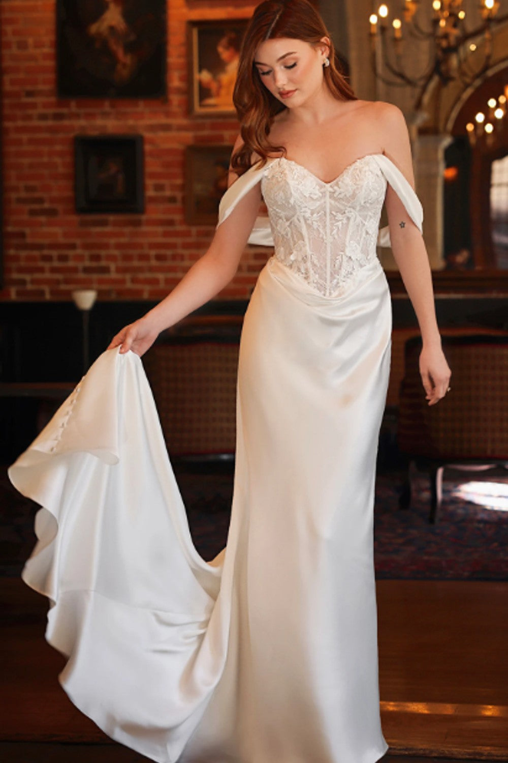 Chic And Romantic Off-The-Shoulder Sheath Wedding Dress With Buttons by Essense of Australia — image 1 of 4