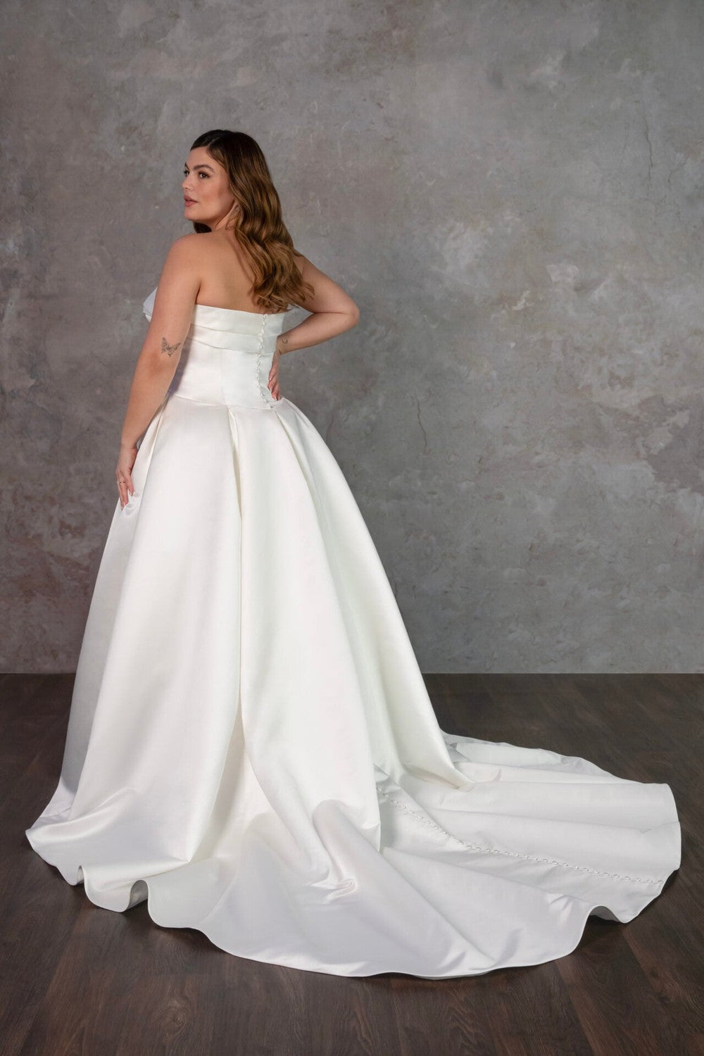 Plus-Size Strapless Jacquard Ball Gown With Buttons by Essense of Australia — image 2 of 4