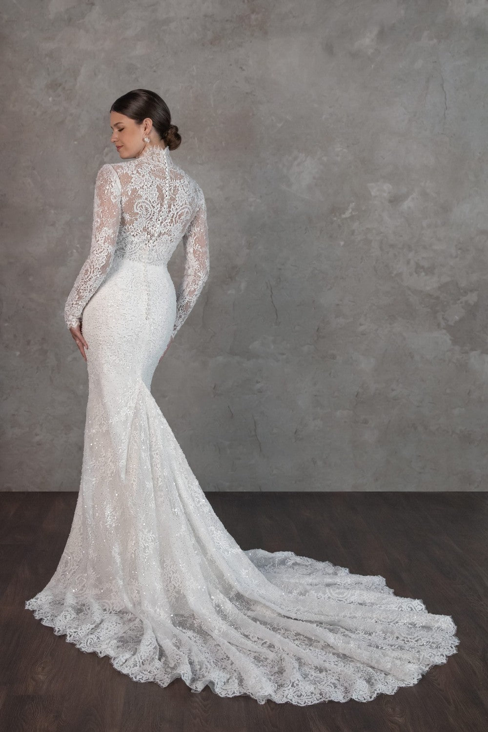 Chic And Romantic Long Sleeve Lace Sheath Wedding Dress With Buttons by Essense of Australia — image 2 of 2