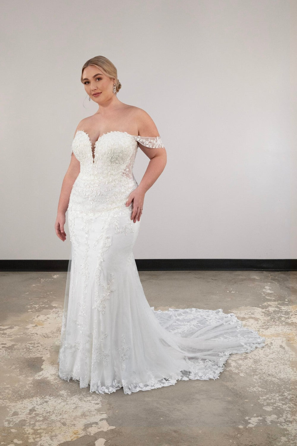 Plus-Size Lace Fit-and-Flare Wedding Dress With Detachable Straps by Essense of Australia — image 1 of 2