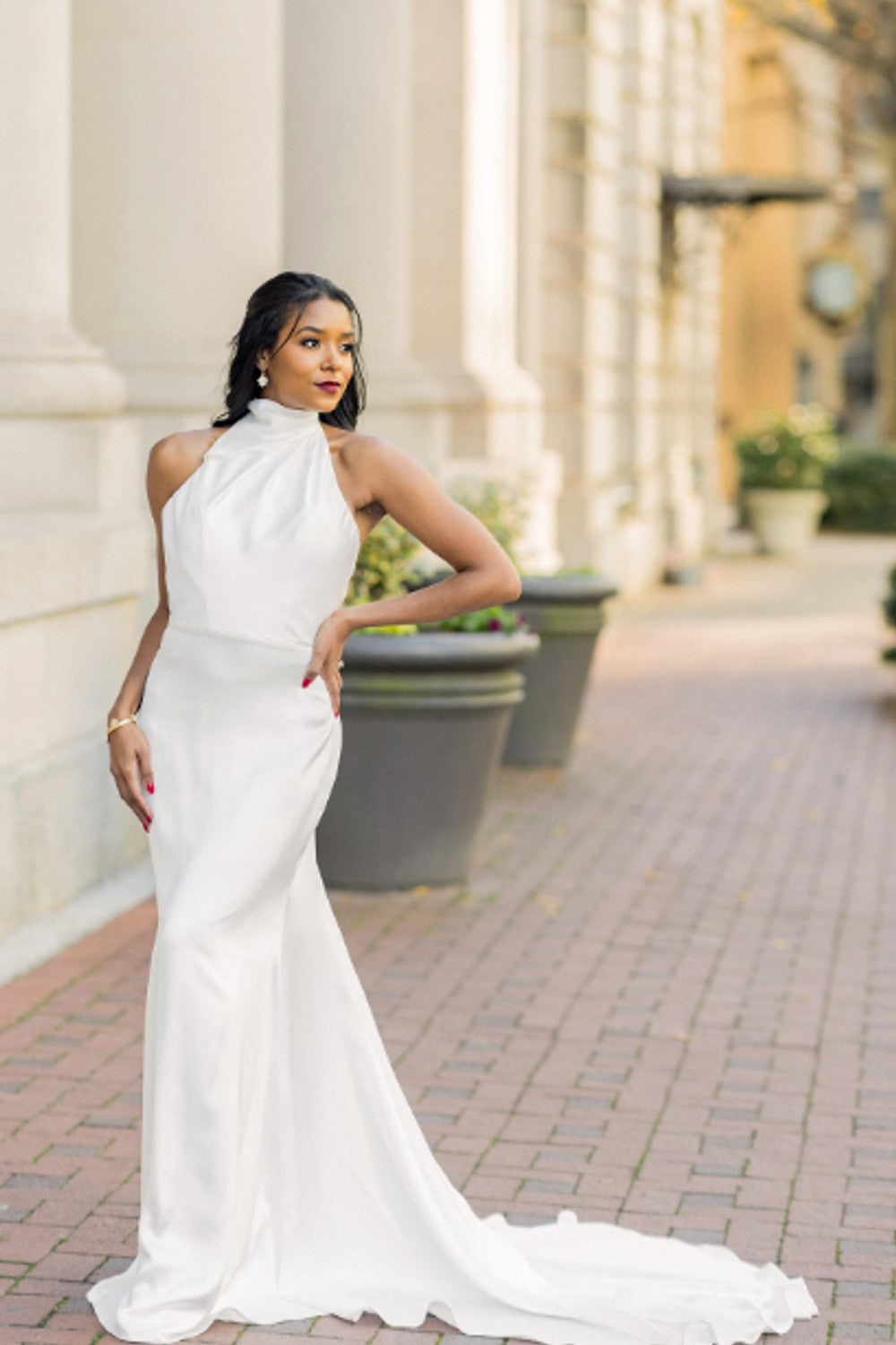 Halter-Neck Sheath Wedding Dress With Open Back And Pearl Buttons by Essense of Australia — image 2 of 4